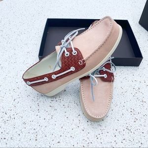 NIB Bottega Veneta Spritz Suede Leather Lace-up Driver​ Flats Baby Pink Red 38